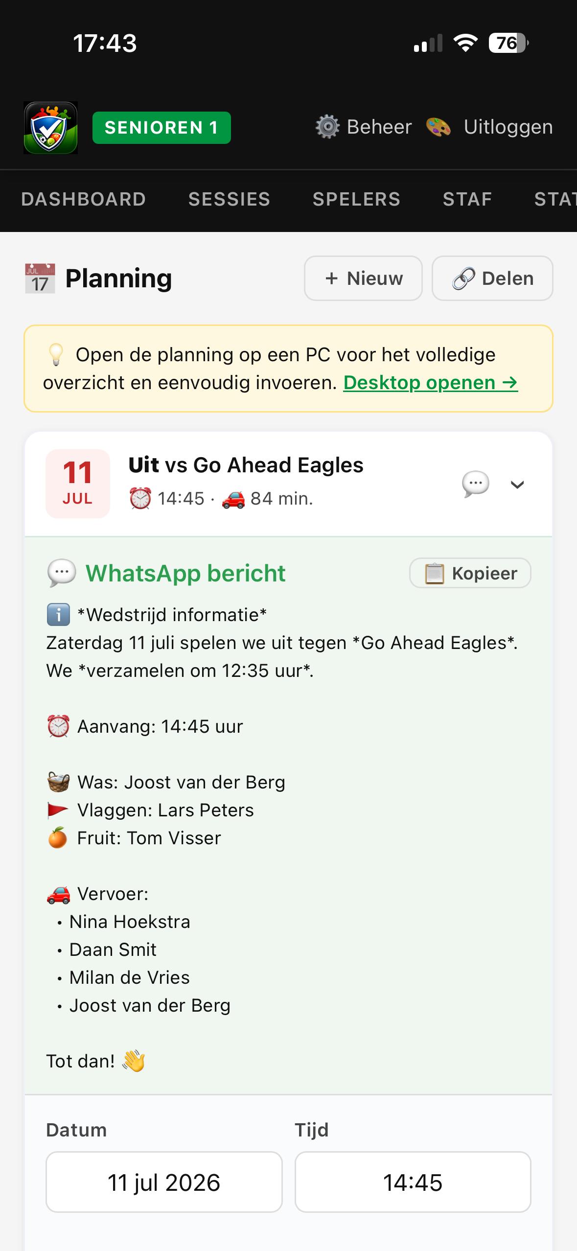 WhatsApp bericht SportPresentie