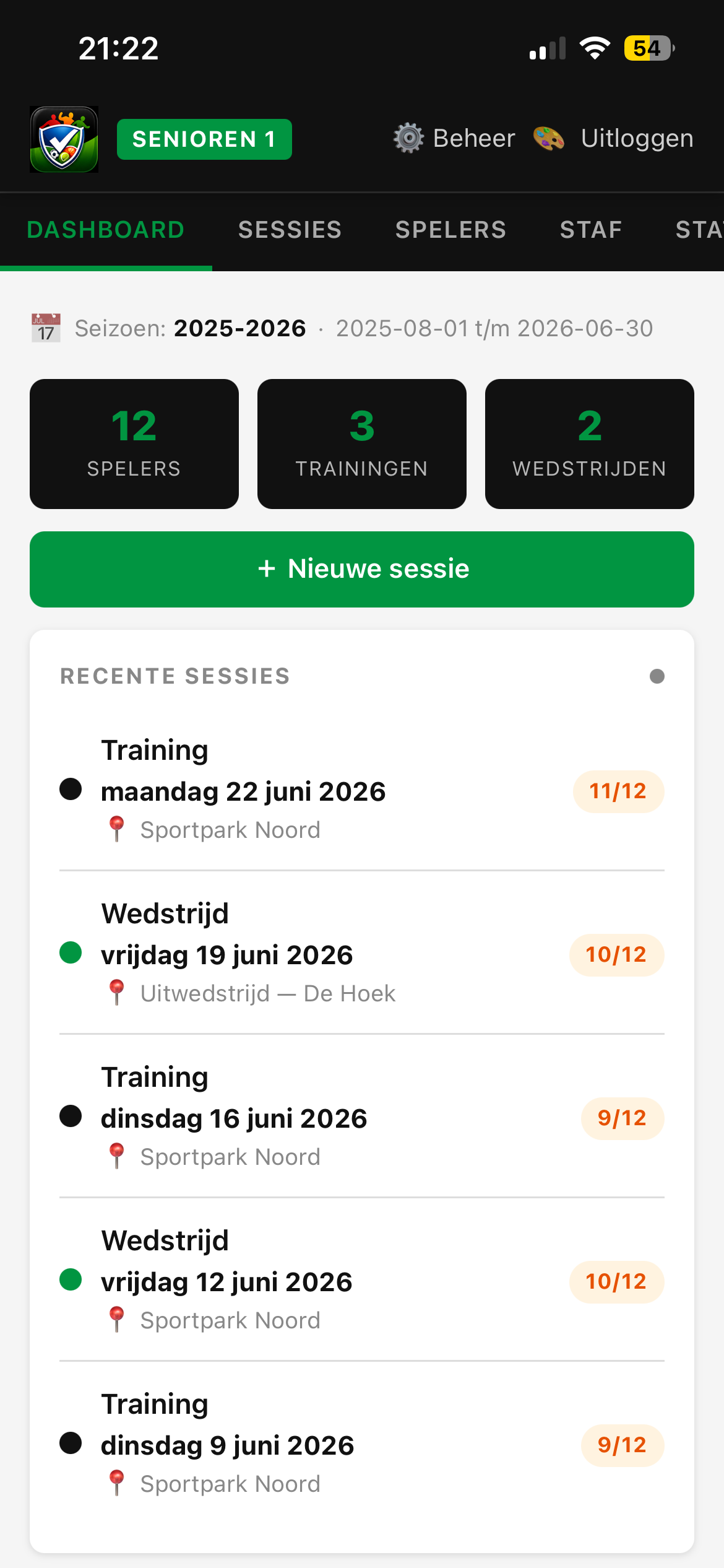 SportPresentie dashboard